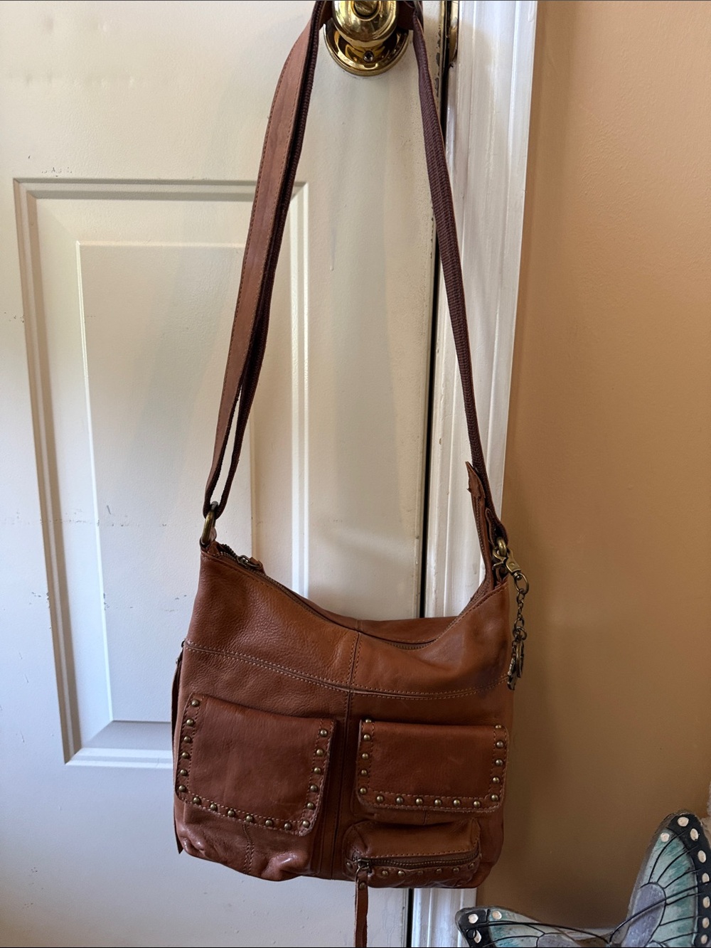 Lucky Brand Tan Leather Studded Crossbody Shoulder Bag
